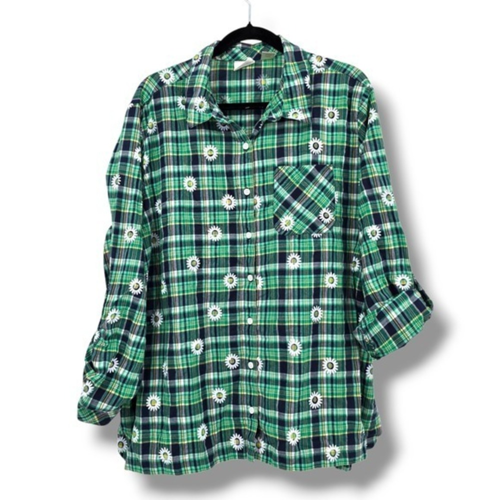 Vintage Chic‎ Comfort Daisy Plaid Button Down Shirt Long Sleeve Boho Green 2X